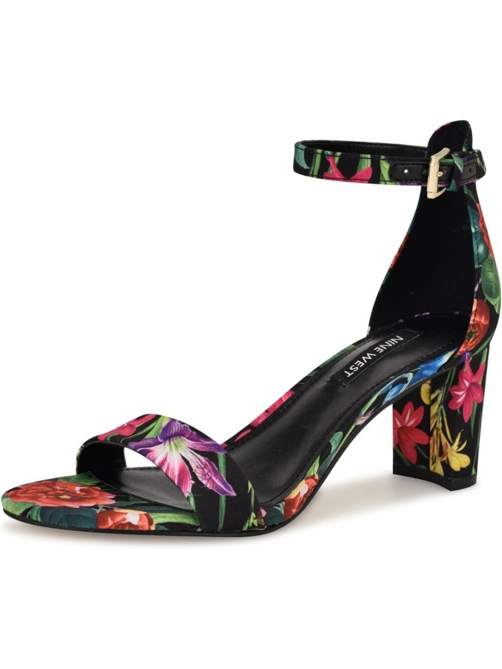 Women Black Lush Floral Round Toe Ankle Strap Wnpruce Block Heeled Sandal Shoes